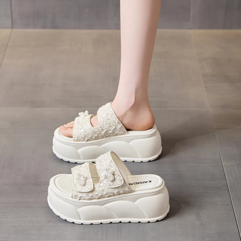 AUTUSPIN 7cm Women Sandals Summer Fashion Wedges Platofrms Shoes Leisure Slides Female Beads Decoration Slippers Size 34-39