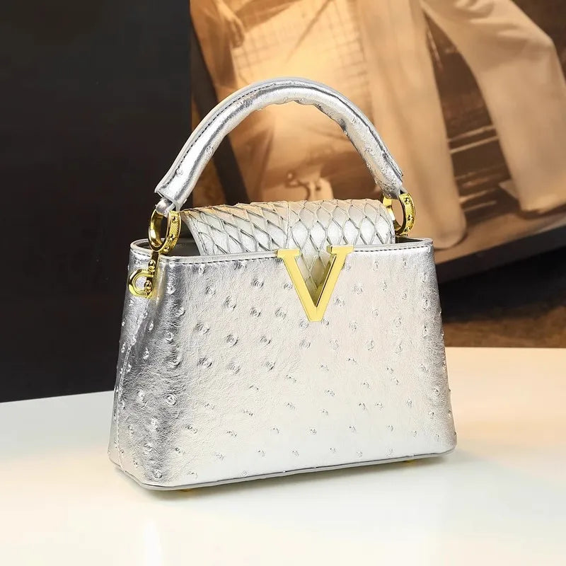 Luxury Fashion Leather Women's Handbags V Letter Small Shoulder Crossbody Bag Niche Ostrich Print Portable Messenger Shell Bags