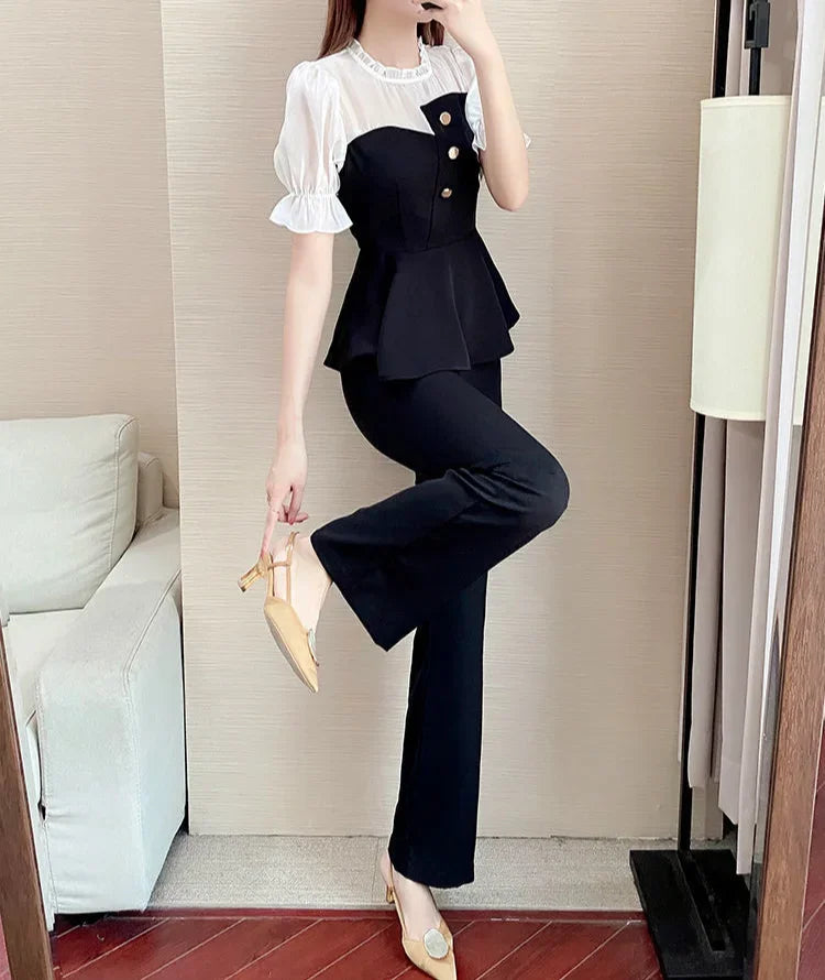 Sexy Professional Women's Top and Pants Two Piece Set Summer 2024 Wear To Work Party Black Office Ladies Trouser Clothes Bottom