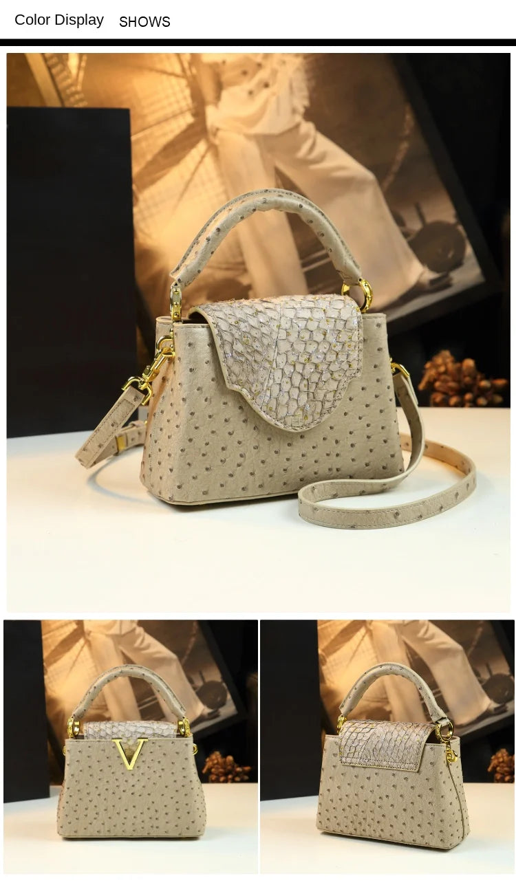 Luxury Fashion Leather Women's Handbags V Letter Small Shoulder Crossbody Bag Niche Ostrich Print Portable Messenger Shell Bags