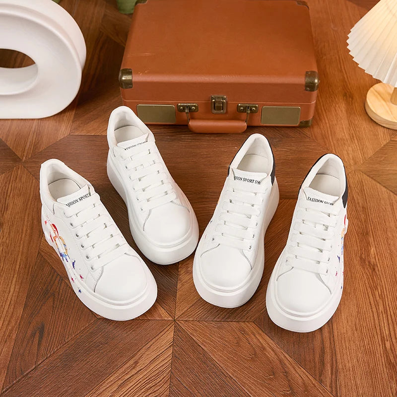AUTUSPIN White Skateboard Shoes for Women 2025 Fashion Thick Soled Ladies Casual Leather Shoes Outdoor Tide Vulcanized Sneakers