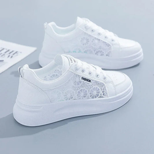 Women's Shoes Summer 2023 Fashion Casual White Shoes Lace  Breathable Hollow Mesh Platform Flat Shoes Woman Sneakers