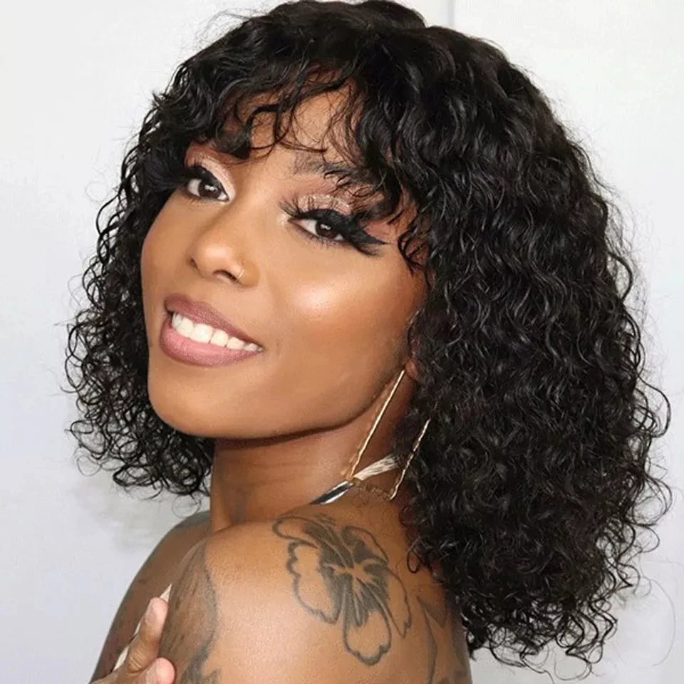 200% Density Jerry Curl Short Pixie Cut Bob Wig Ombre 1B/33 Brazilian Human Hair Wigs With Bang Natual Black Red 99J Remy Hair