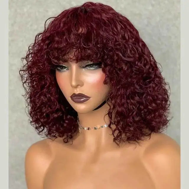 200% Density Jerry Curl Short Pixie Cut Bob Wig Ombre 1B/33 Brazilian Human Hair Wigs With Bang Natual Black Red 99J Remy Hair