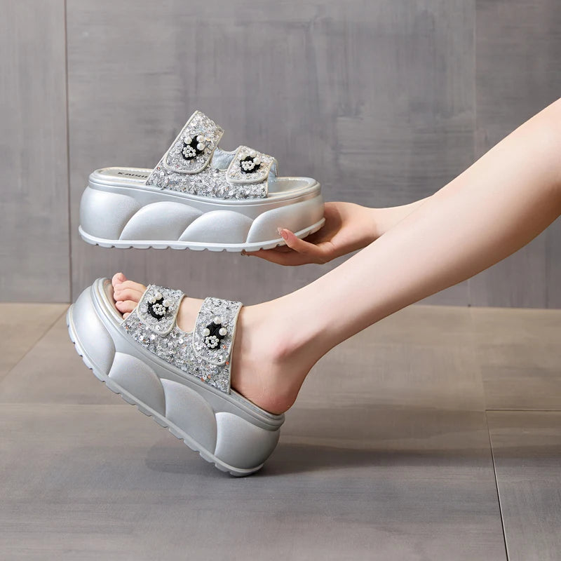 AUTUSPIN 7cm Women Sandals Summer Fashion Wedges Platofrms Shoes Leisure Slides Female Beads Decoration Slippers Size 34-39