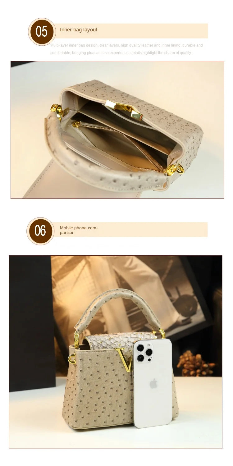 Luxury Fashion Leather Women's Handbags V Letter Small Shoulder Crossbody Bag Niche Ostrich Print Portable Messenger Shell Bags