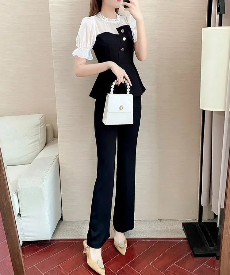 Sexy Professional Women's Top and Pants Two Piece Set Summer 2024 Wear To Work Party Black Office Ladies Trouser Clothes Bottom
