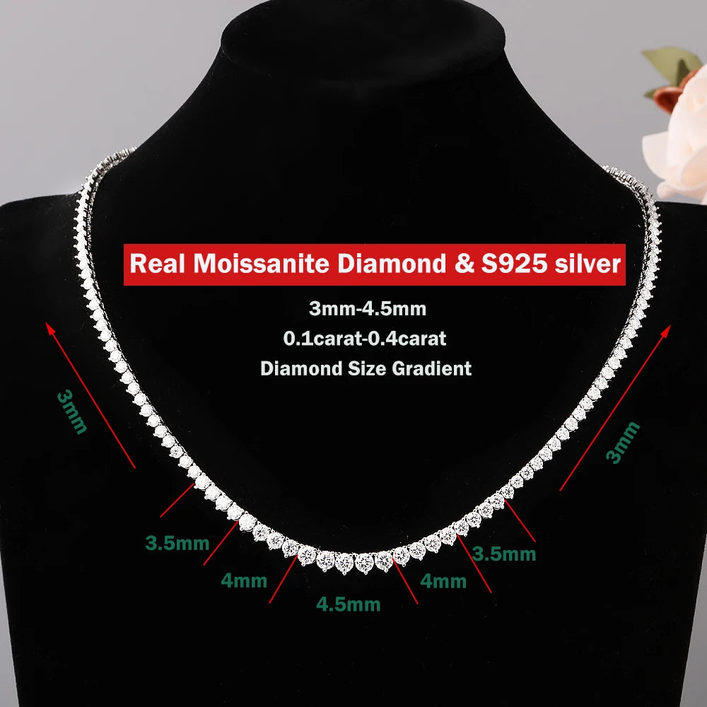 Full Moissanite Tennis Necklace with Certificate 3-5mm Size Gradient Diamond Necklaces for Women 925 Sterling Silver Neck Chain