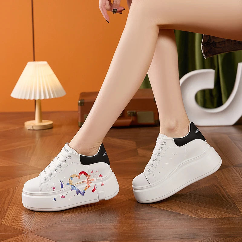 AUTUSPIN White Skateboard Shoes for Women 2025 Fashion Thick Soled Ladies Casual Leather Shoes Outdoor Tide Vulcanized Sneakers