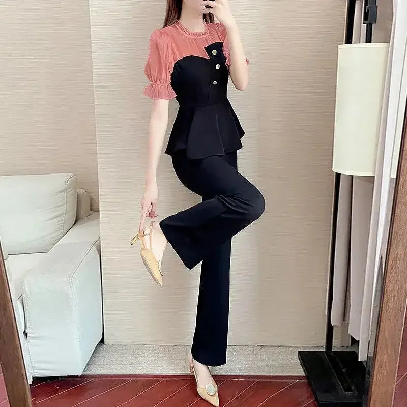 Sexy Professional Women's Top and Pants Two Piece Set Summer 2024 Wear To Work Party Black Office Ladies Trouser Clothes Bottom