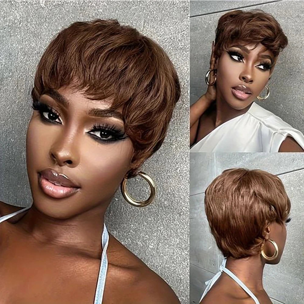 Natural Black/99j/Brown Color 6inch 250% Density Remy Hair Wig Machine Made Pixie Cut Short Straight Human Hair Wig For Women