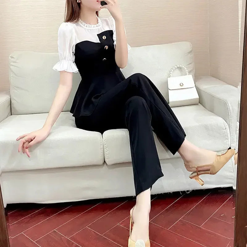 Sexy Professional Women's Top and Pants Two Piece Set Summer 2024 Wear To Work Party Black Office Ladies Trouser Clothes Bottom