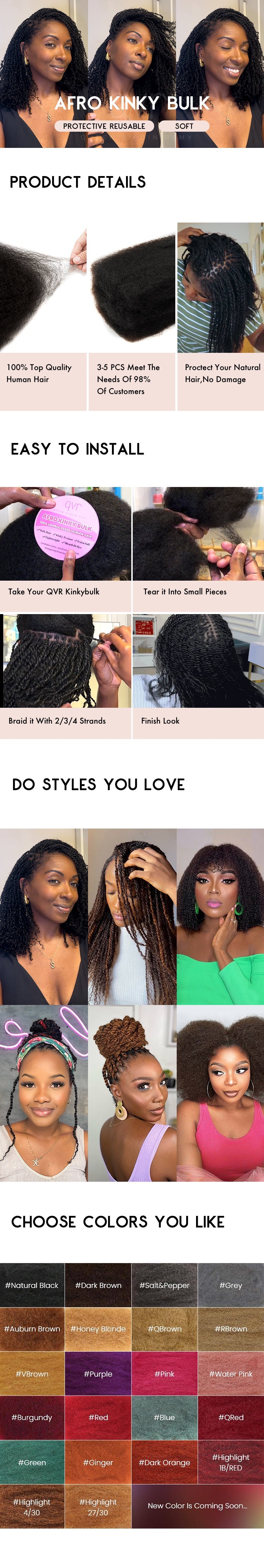 Top Peruvian Kinky Curly Mini Twist QVR US Stock Afro Kinky Bulk Human Hair for Braiding 100% Remy Hair Bundles No Shedding